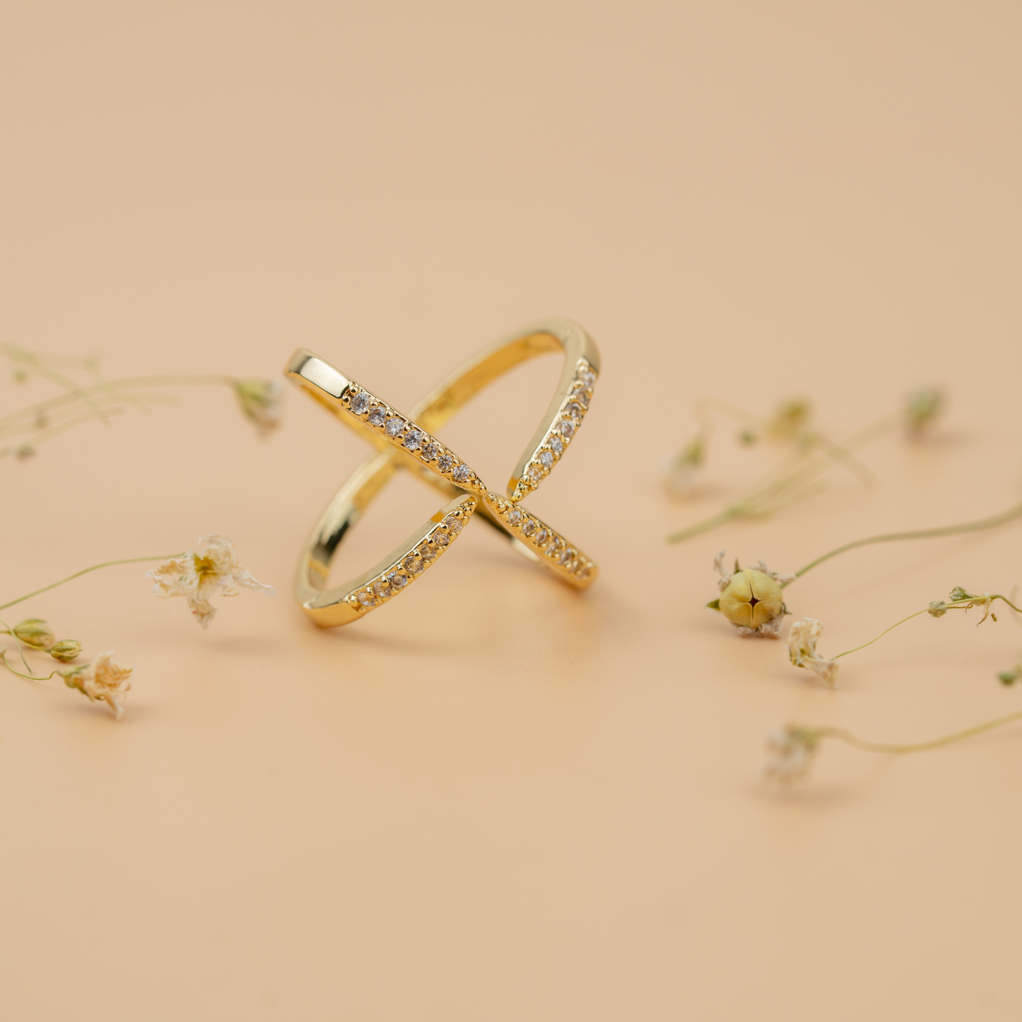 Criss-Cross Stellar Ring | Gold-Toned Sparkling Statement Ring for Women