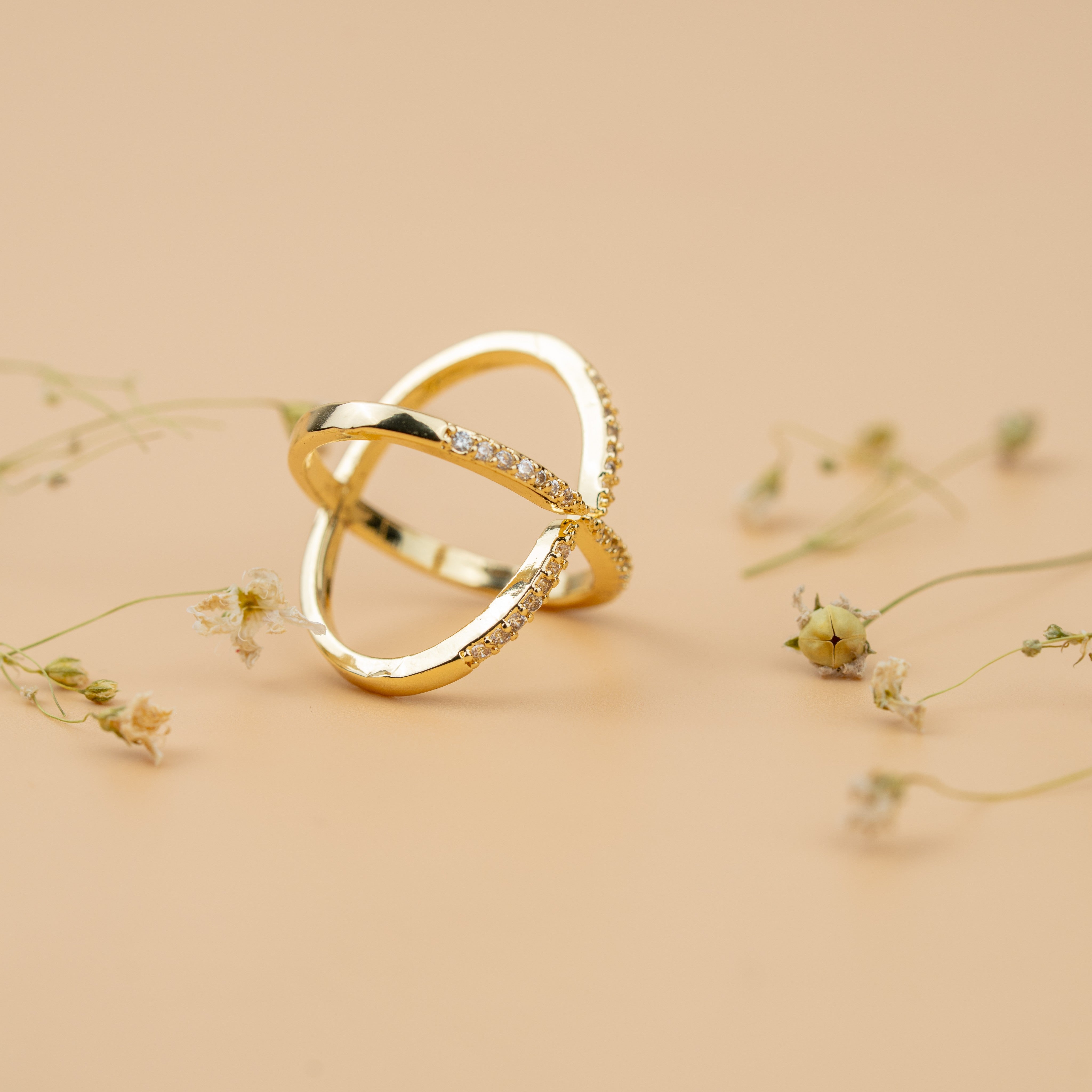 Criss-Cross Stellar Ring | Gold-Toned Sparkling Statement Ring for Women