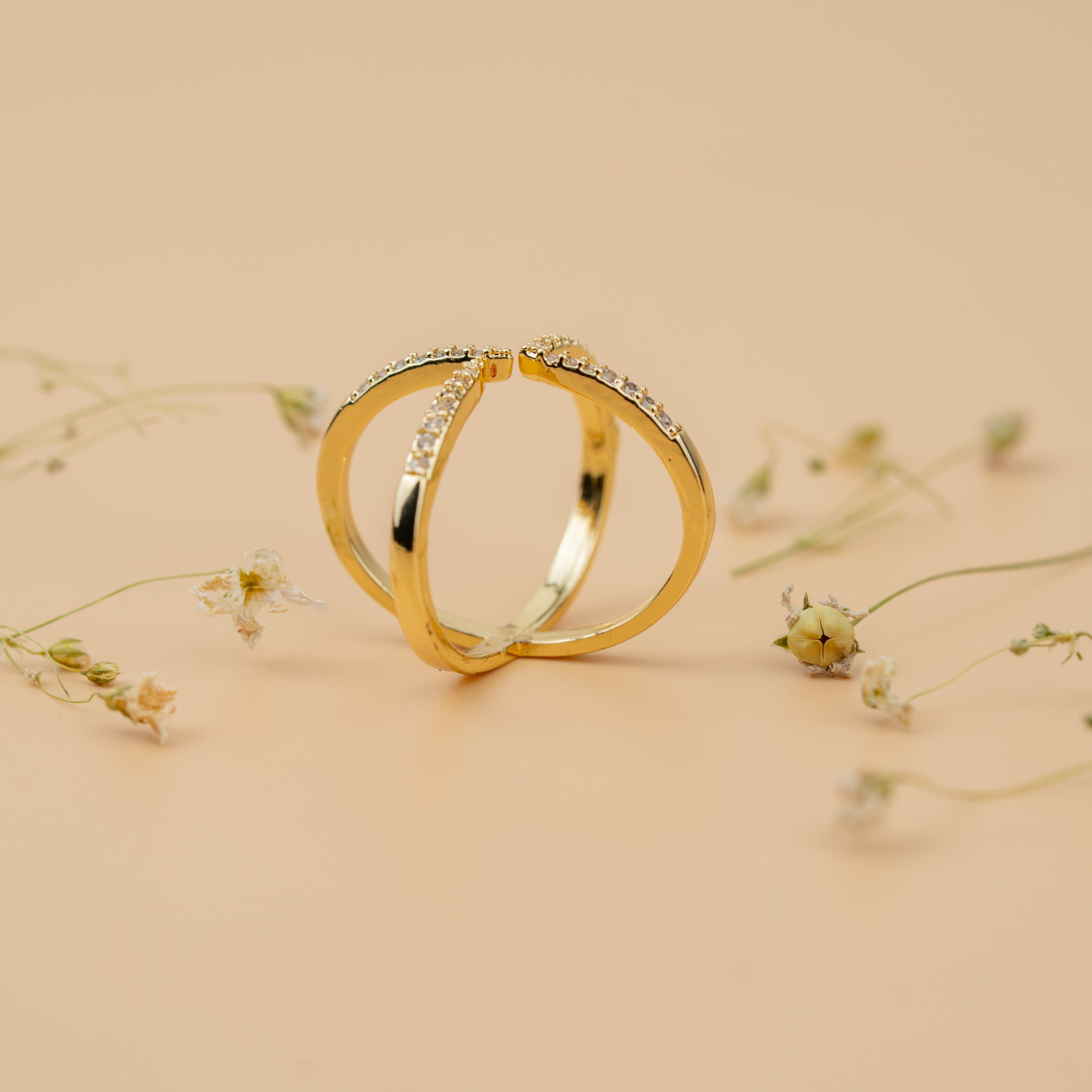 Criss-Cross Stellar Ring | Gold-Toned Sparkling Statement Ring for Women