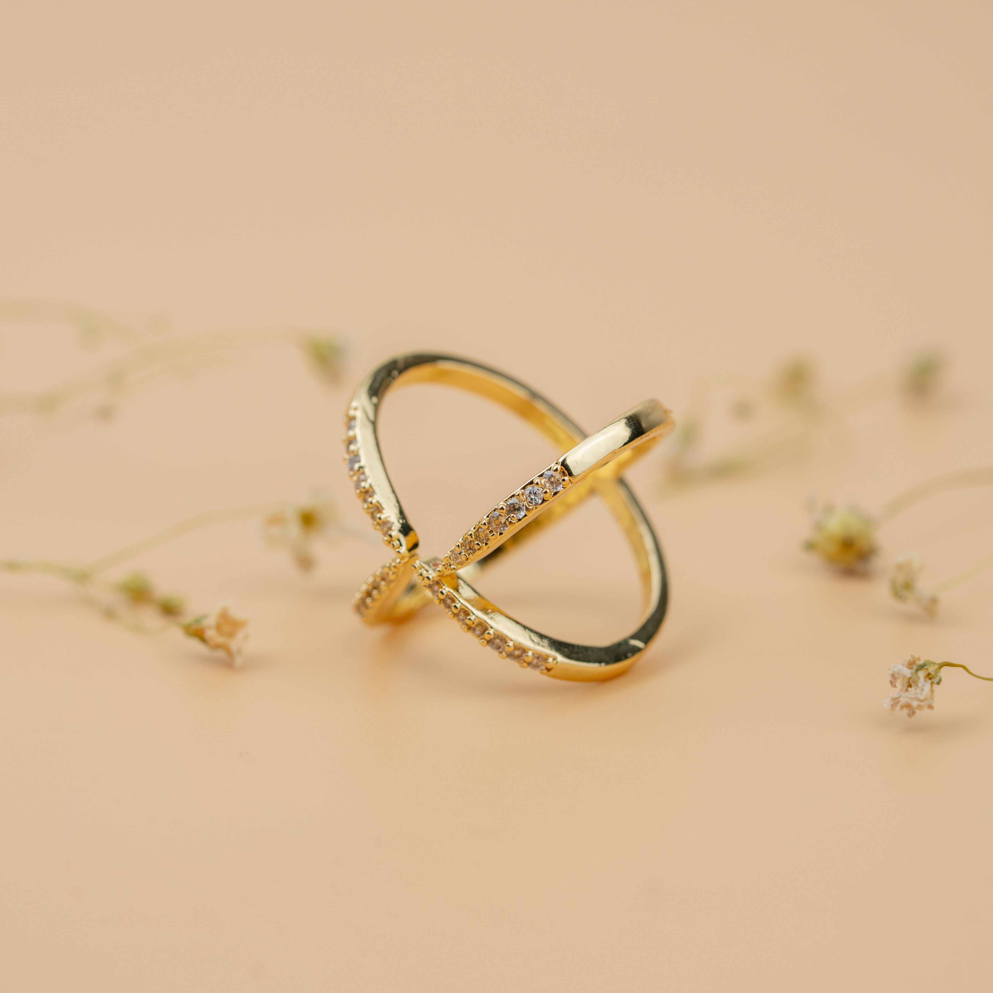 Criss-Cross Stellar Ring | Gold-Toned Sparkling Statement Ring for Women