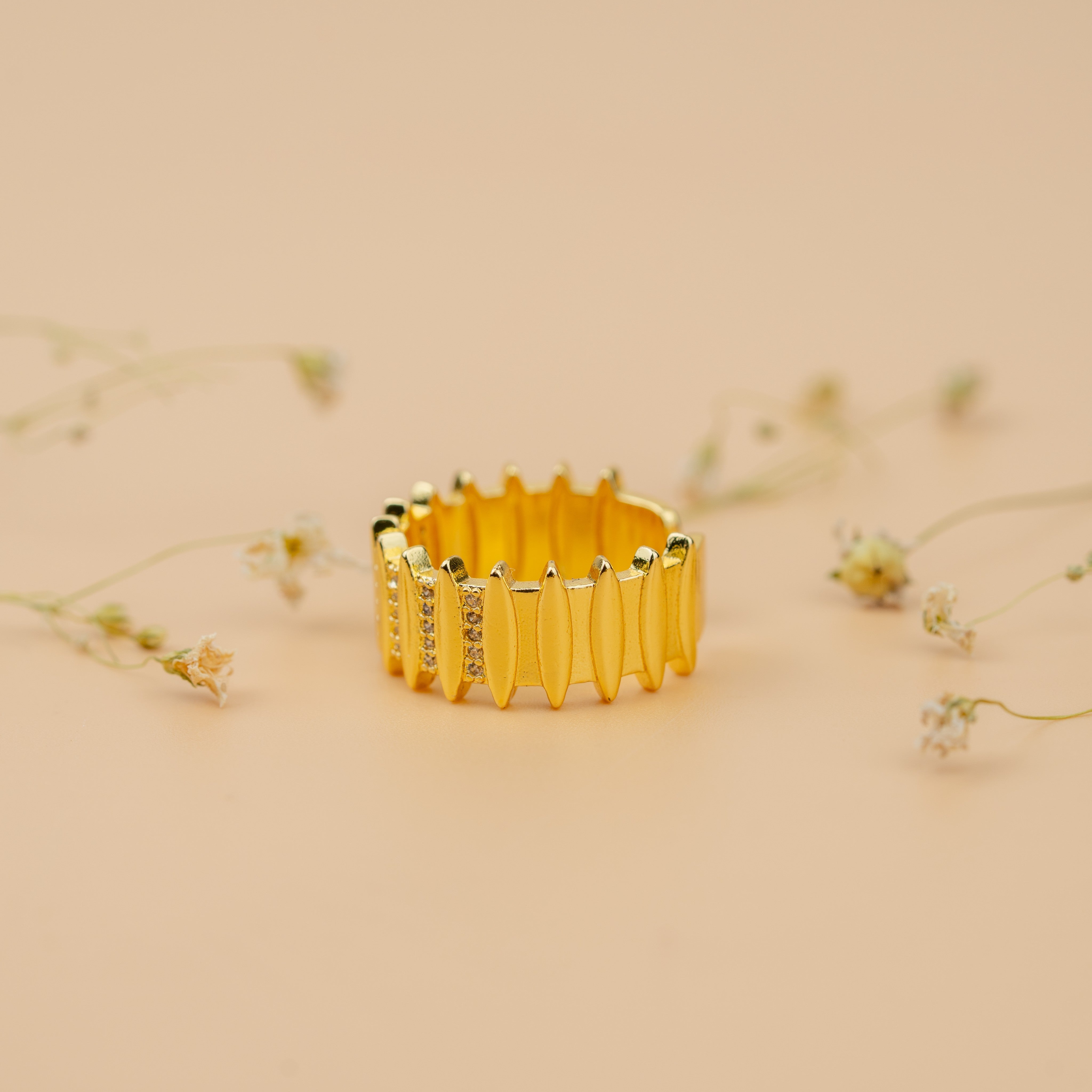 Fluted Temple Band | Gold-Toned Traditional Designer Statement Ring for Women
