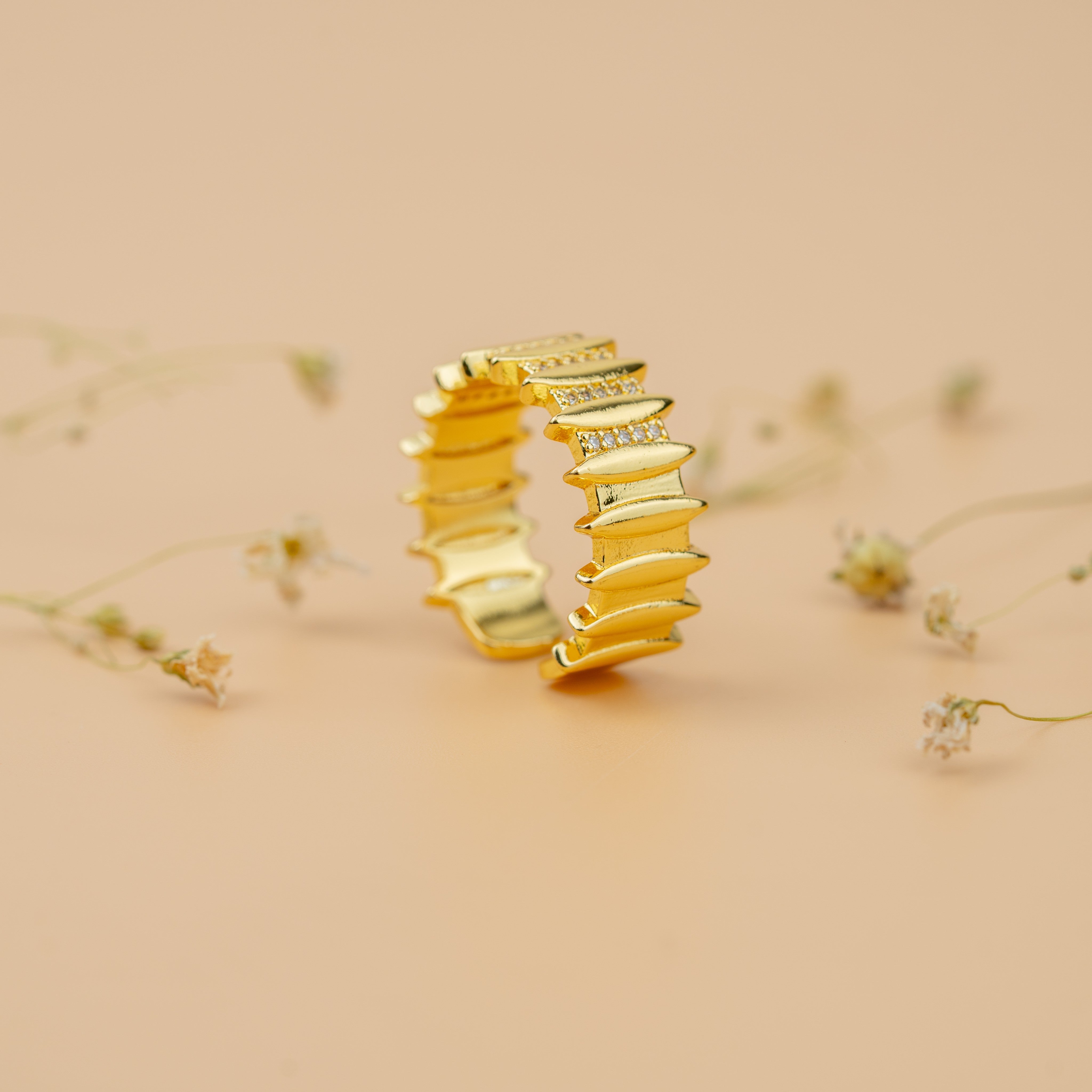 Fluted Temple Band | Gold-Toned Traditional Designer Statement Ring for Women