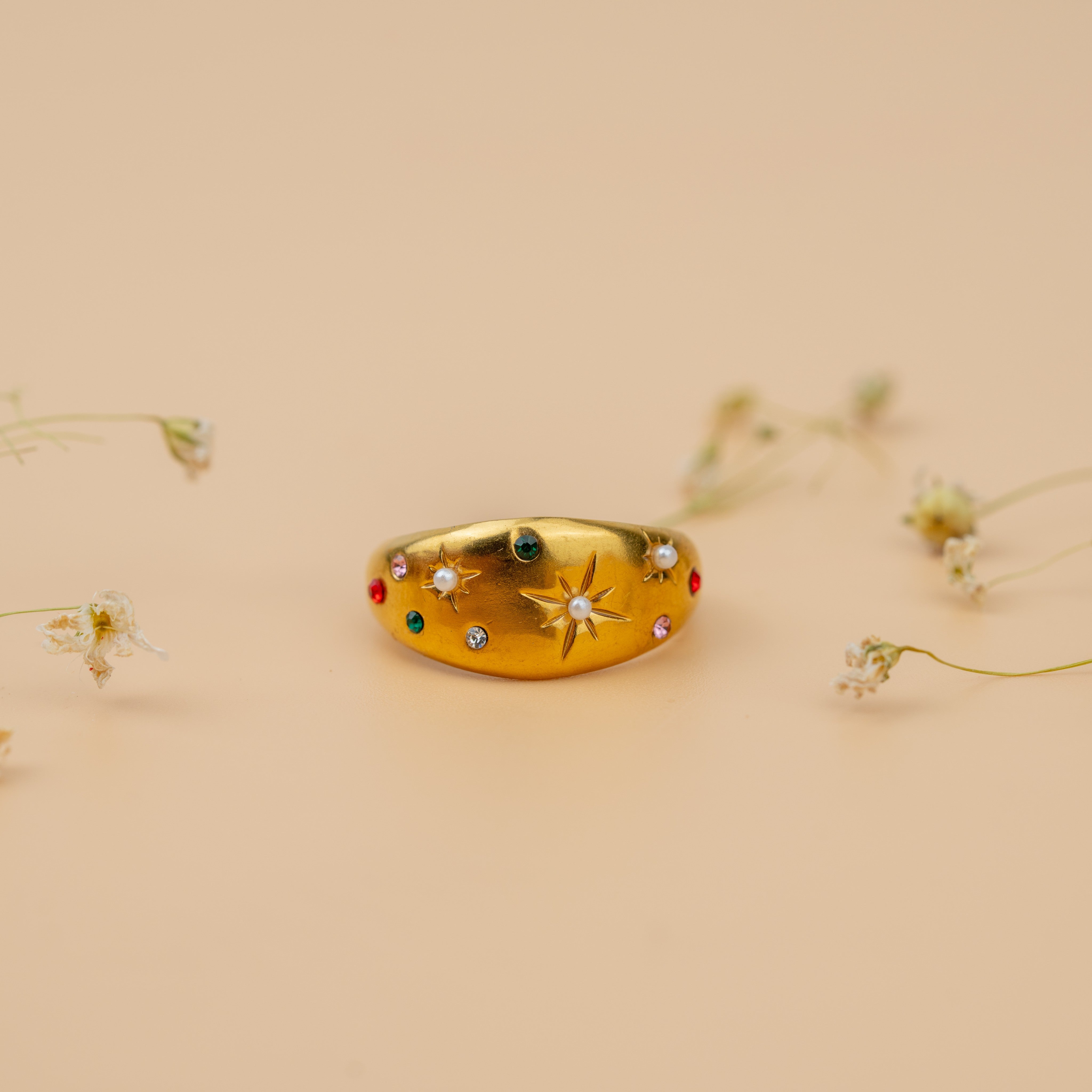 Celestial Dome Rings | Gold-Toned Pearl & Multicolor Stone Statement Ring for Women