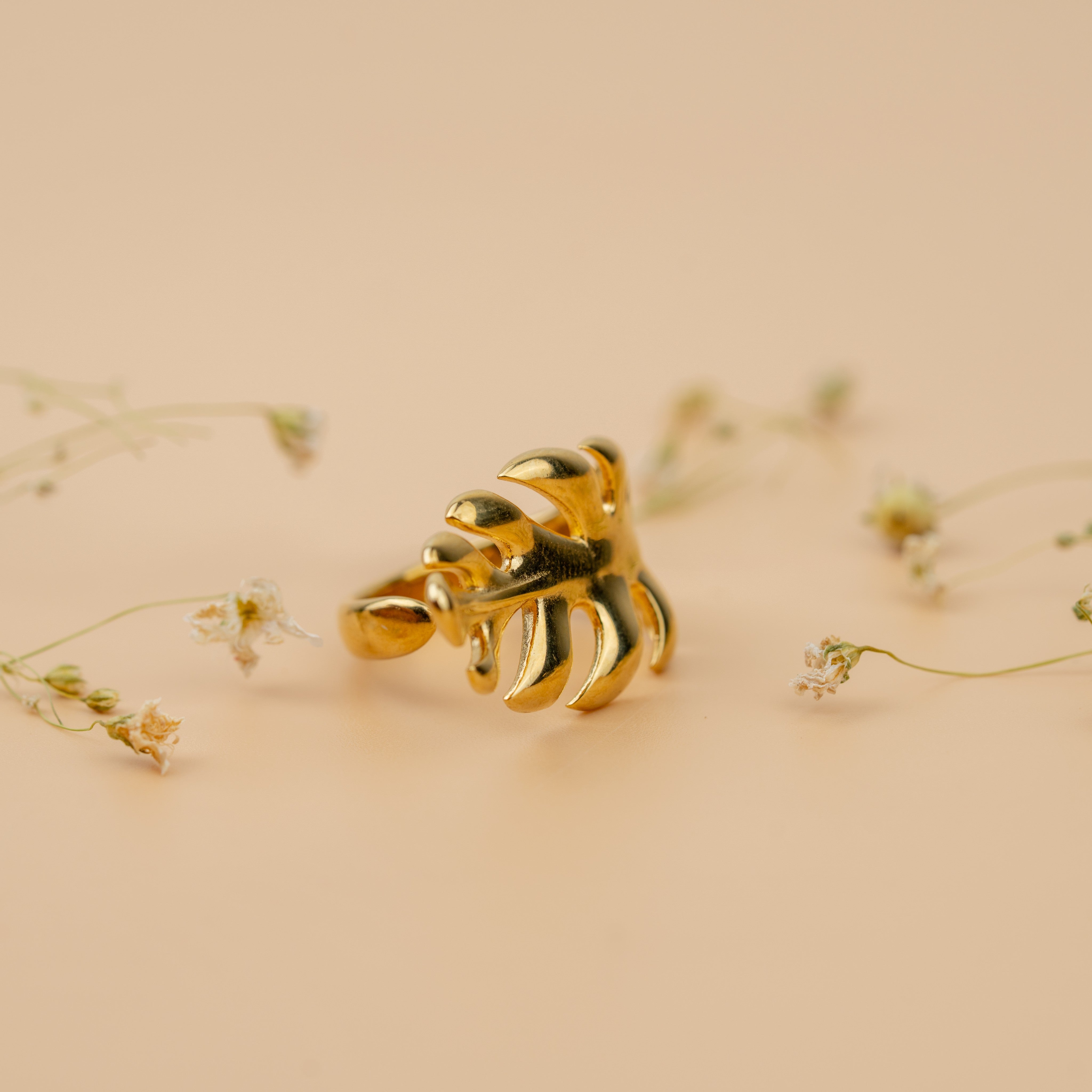 Monstera Leaf Ring | Gold-Toned Tropical Leaf Statement Ring for Women