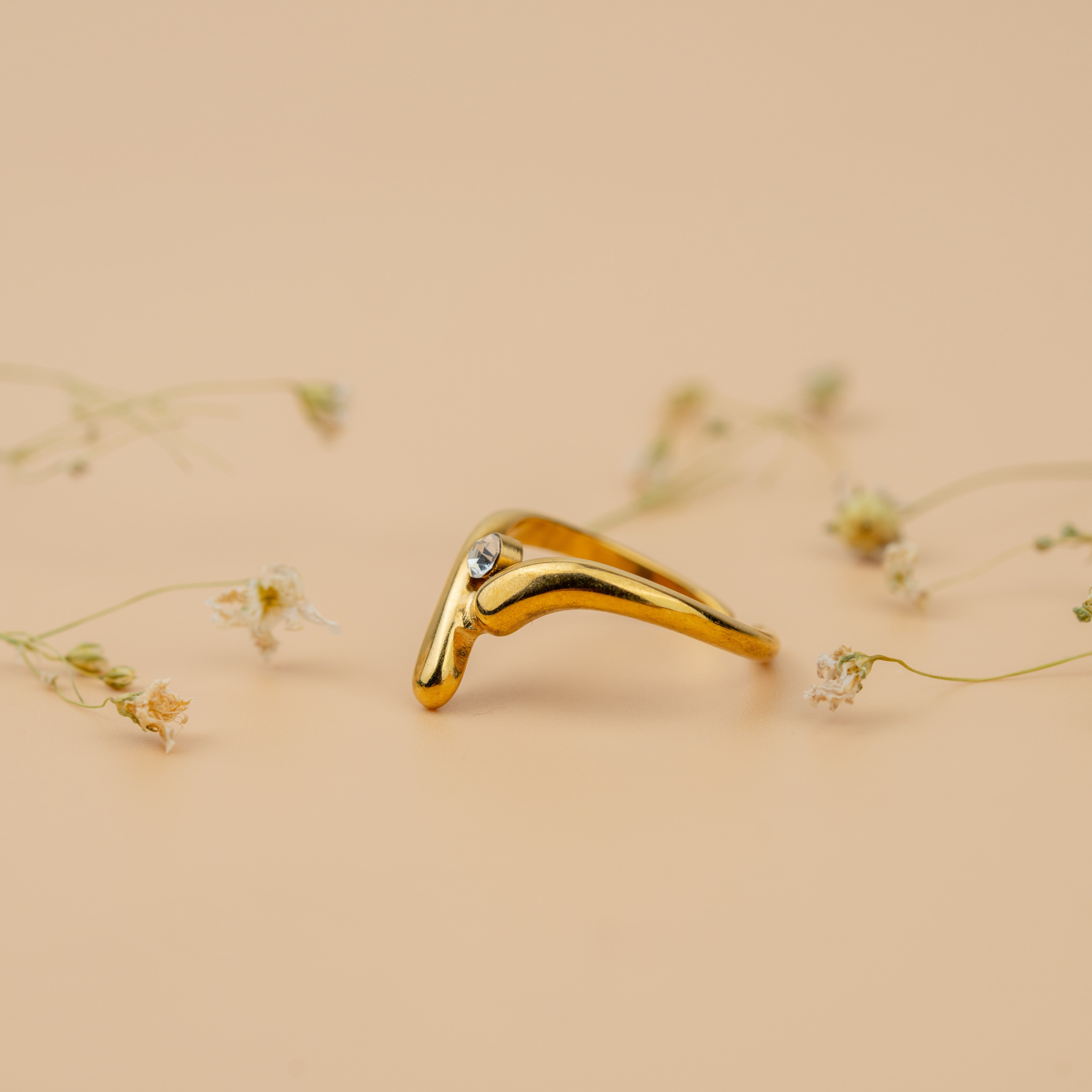 Dewdrop Chevron Ring | Gold-Toned Crystal Accent Ring for Women