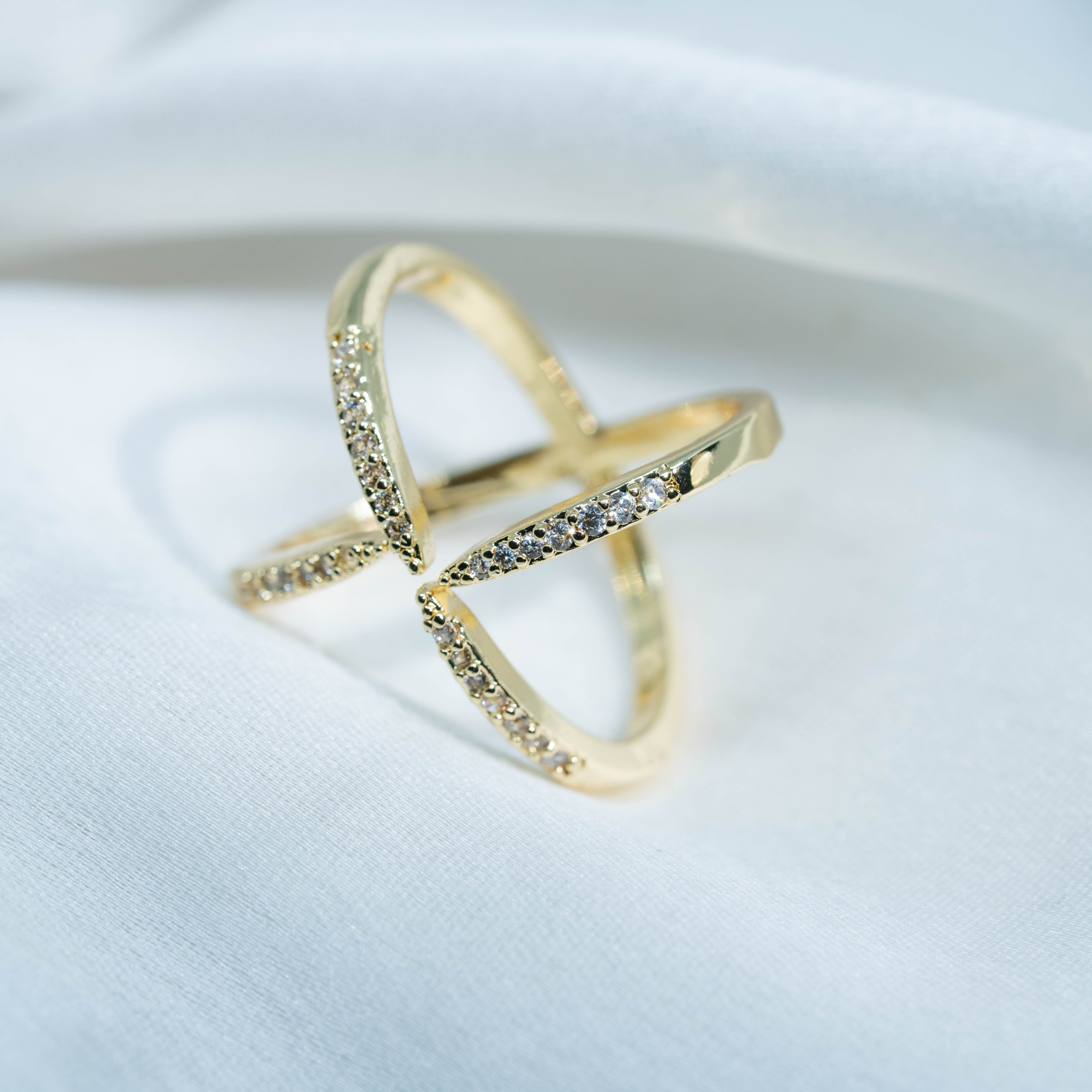 Criss-Cross Stellar Ring | Gold-Toned Sparkling Statement Ring for Women
