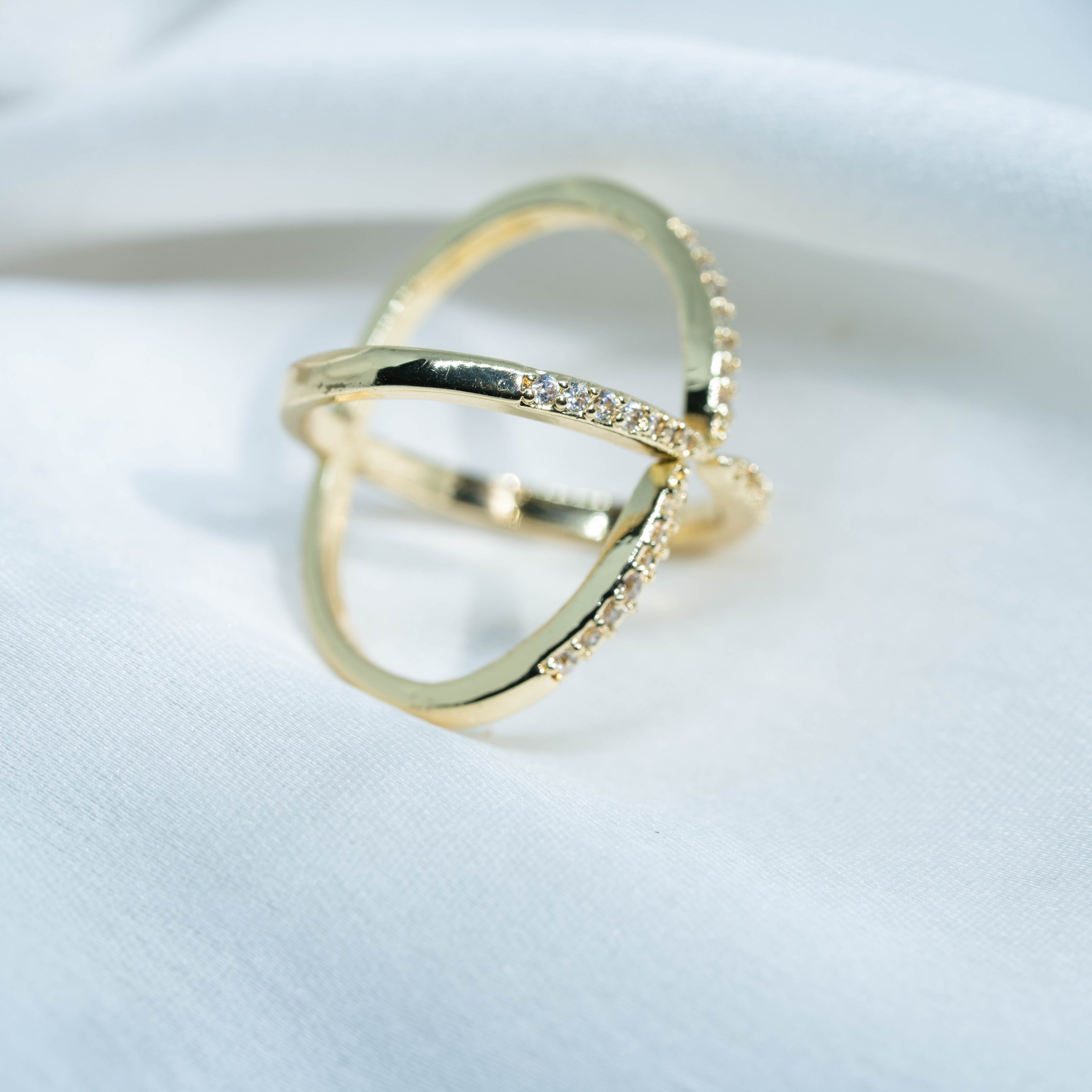Criss-Cross Stellar Ring | Gold-Toned Sparkling Statement Ring for Women