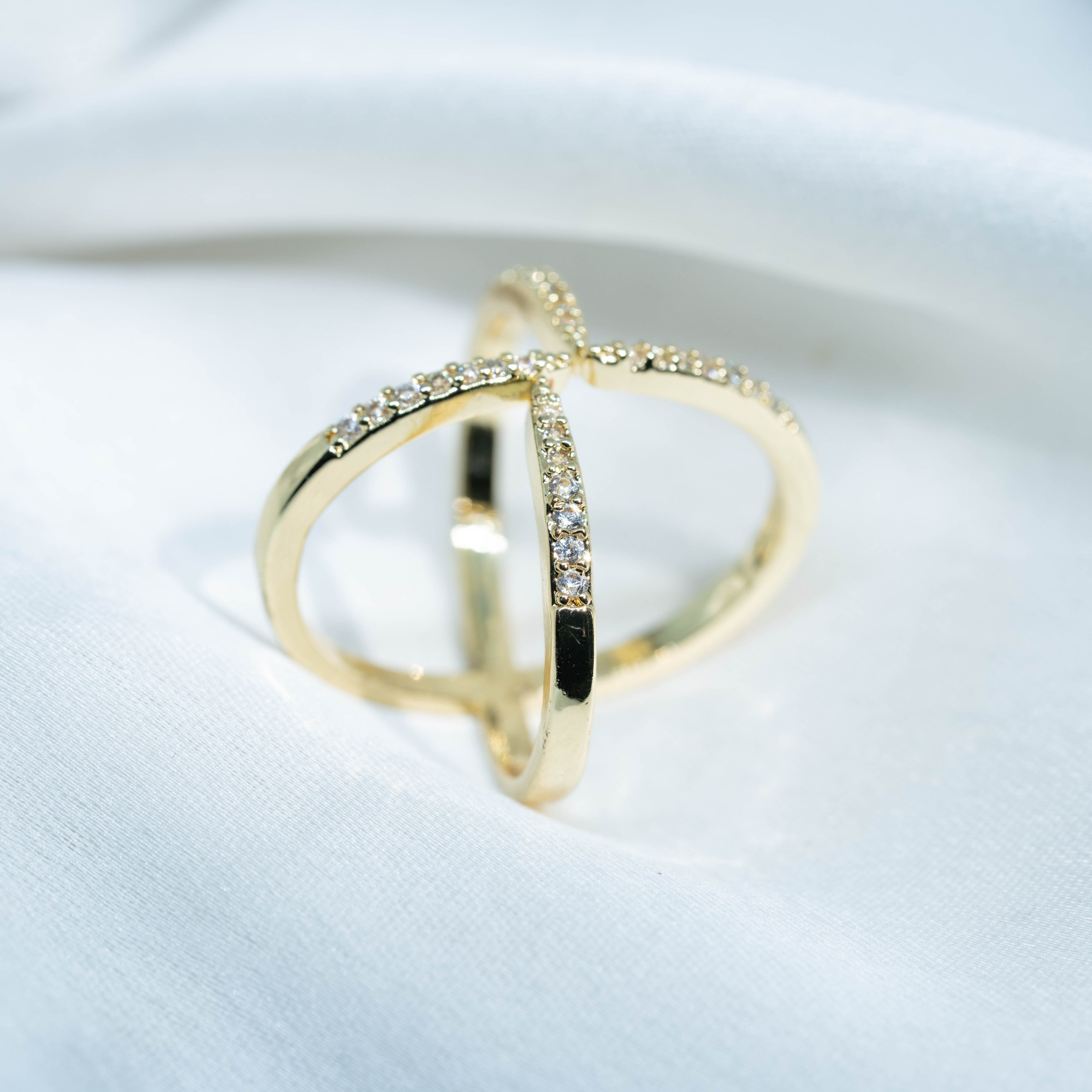 Criss-Cross Stellar Ring | Gold-Toned Sparkling Statement Ring for Women