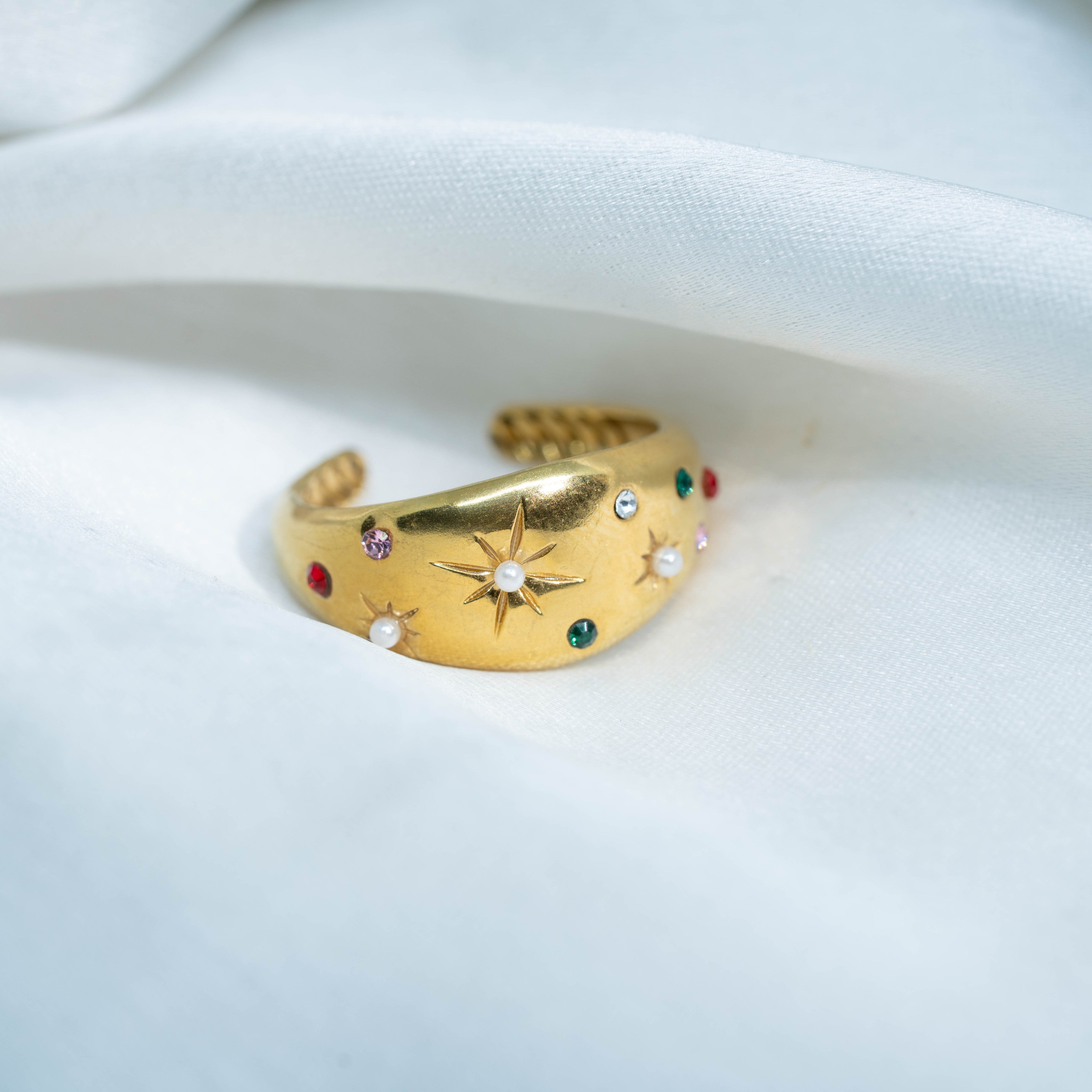 Celestial Dome Rings | Gold-Toned Pearl & Multicolor Stone Statement Ring for Women