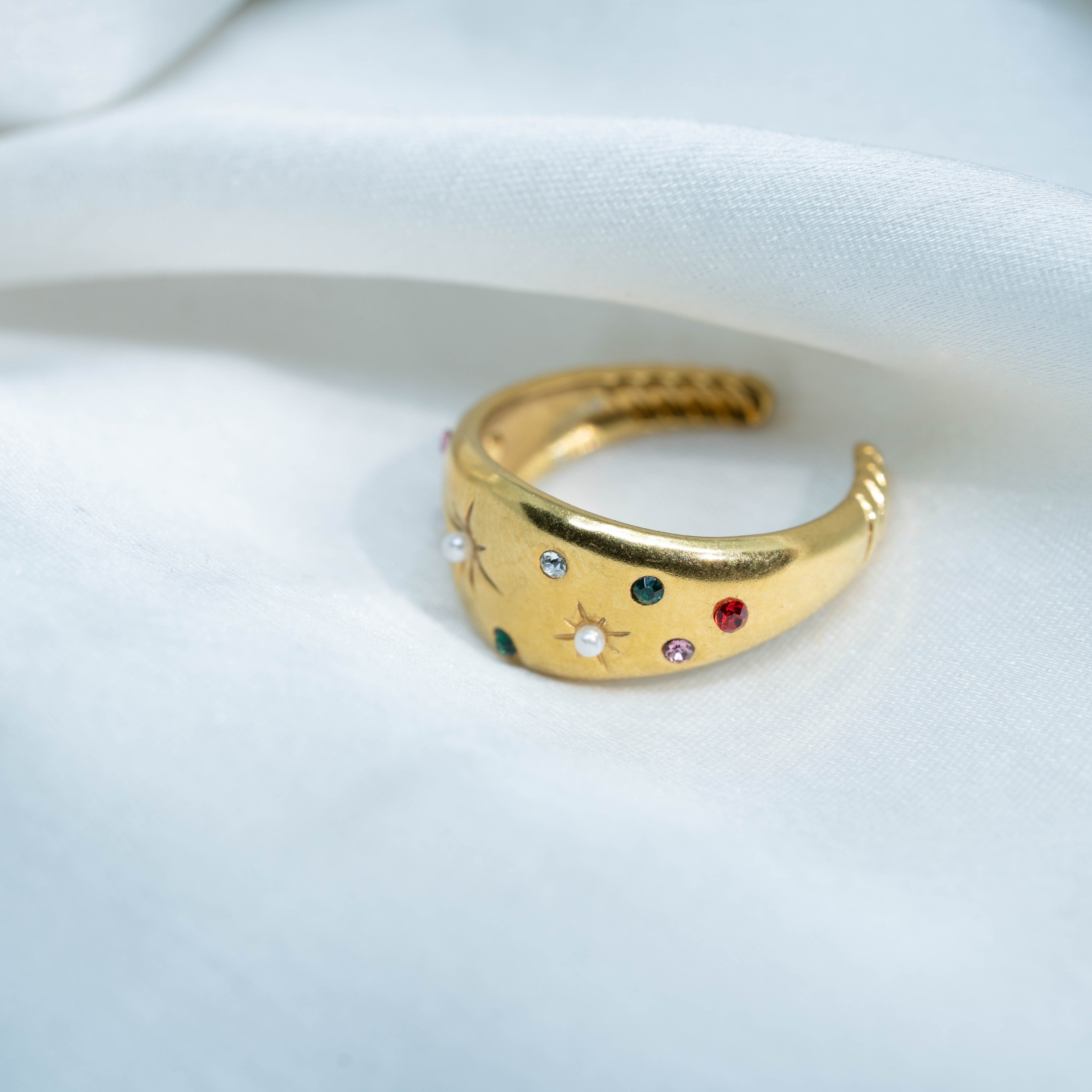 Celestial Dome Rings | Gold-Toned Pearl & Multicolor Stone Statement Ring for Women