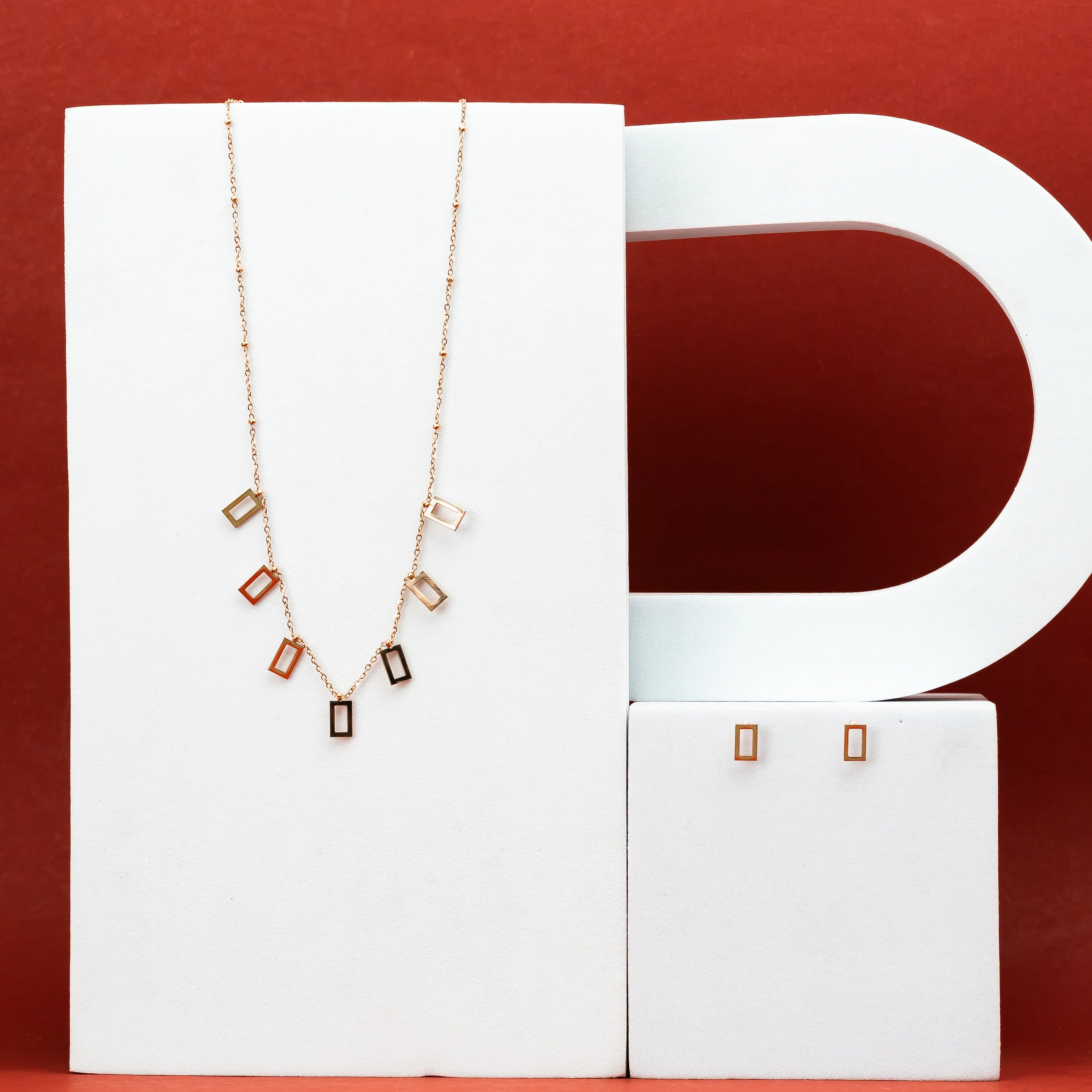 Rectangular charm necklace and earings