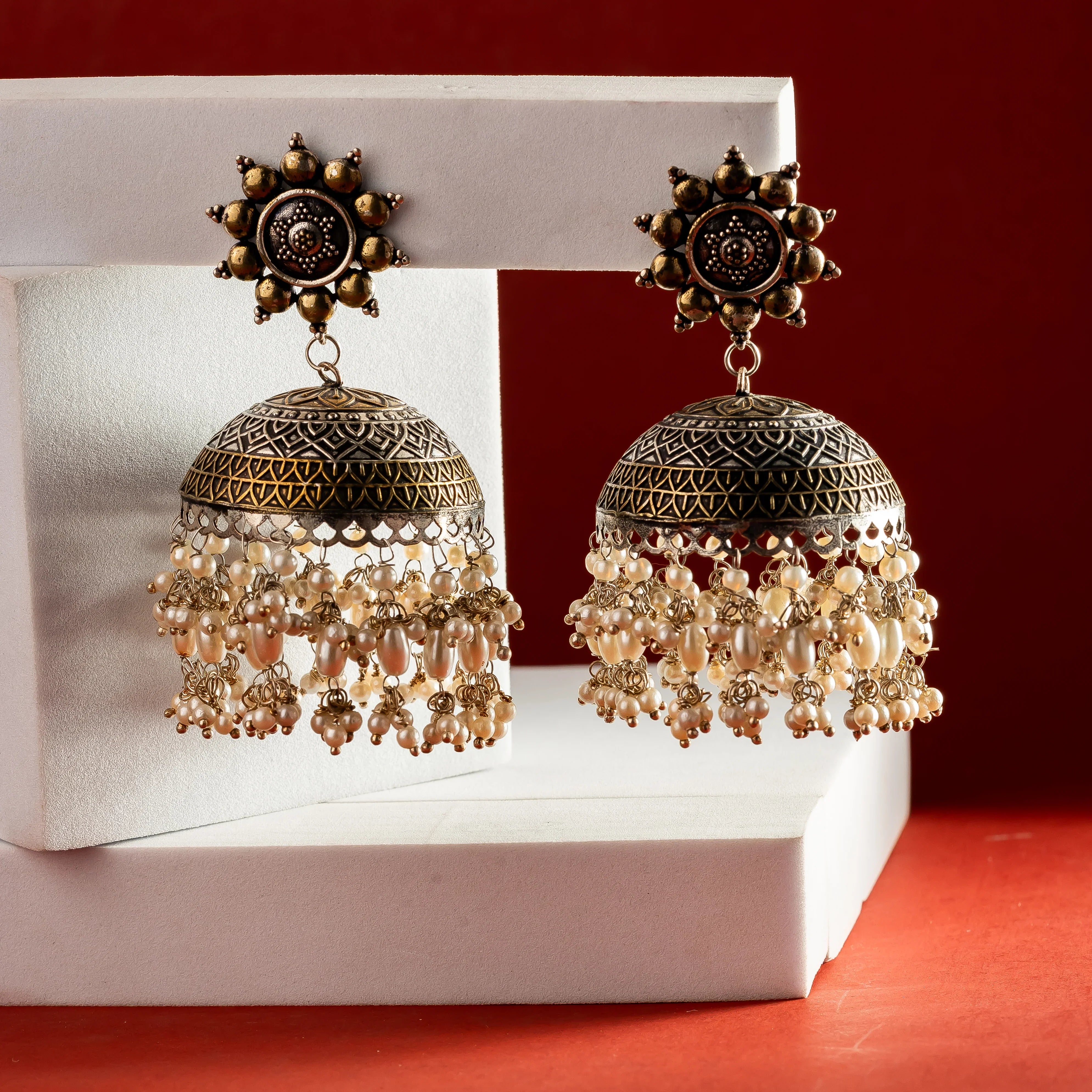 Oxidised pearl layered Jhumkas
