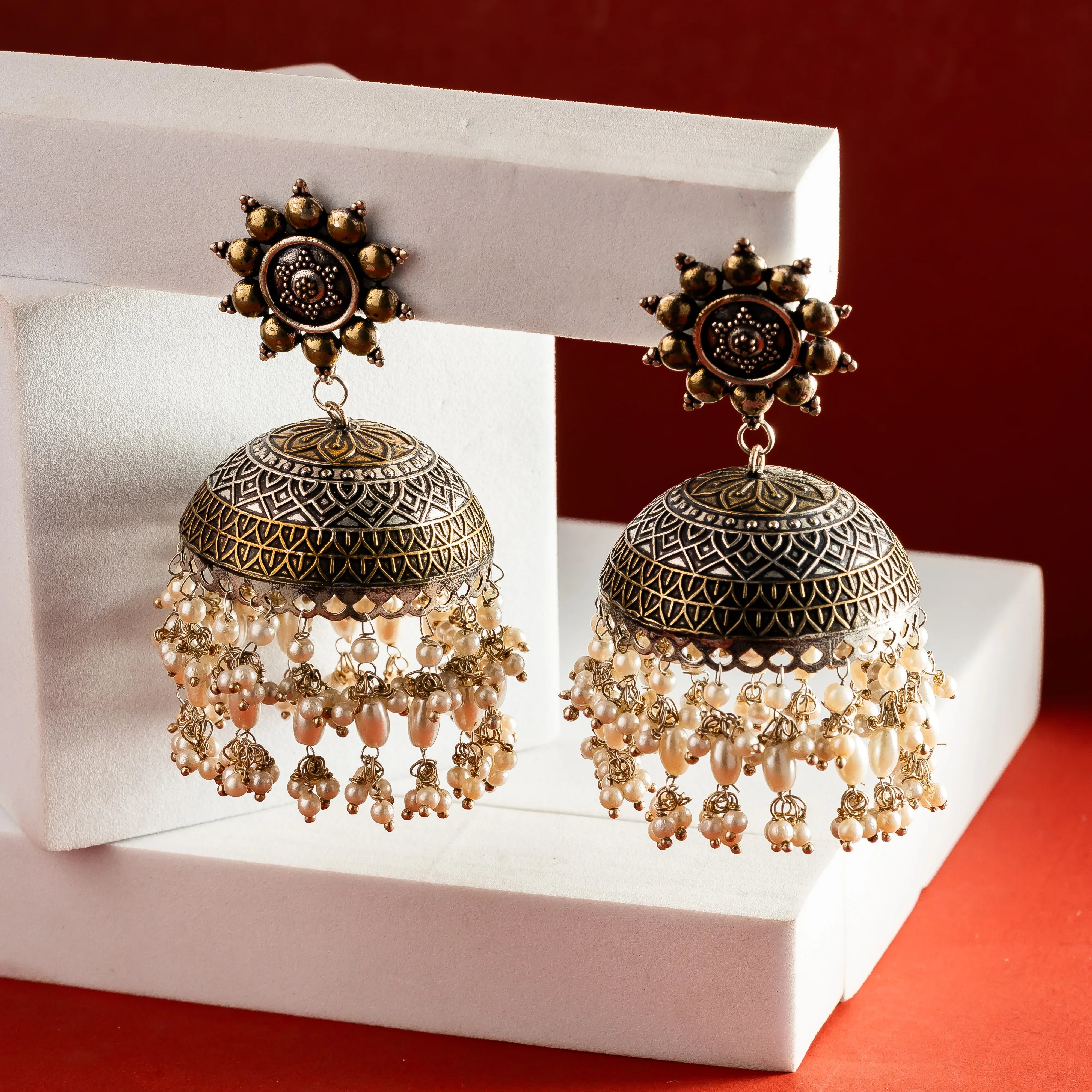 Oxidised pearl layered Jhumkas