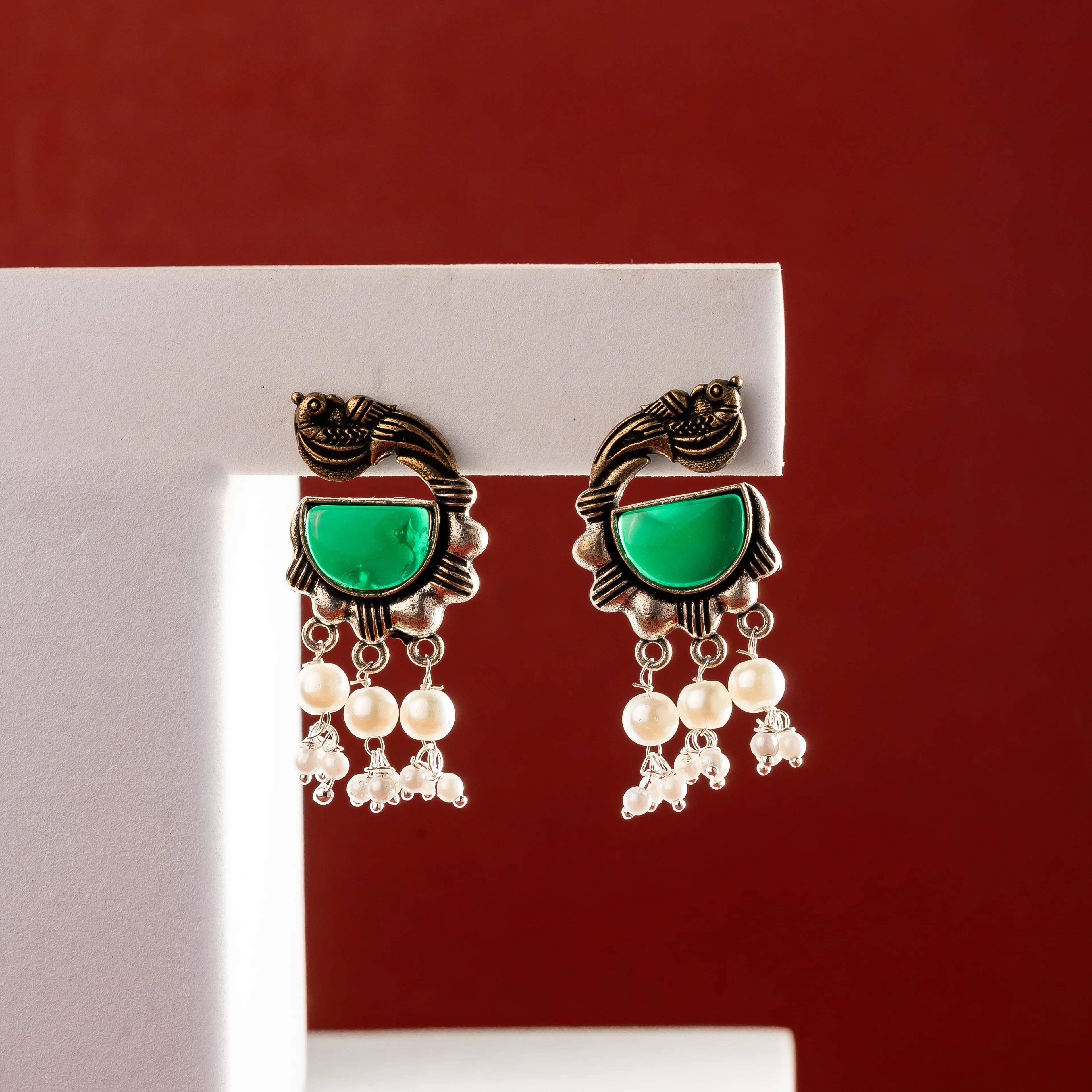Oxidised peacock pearl layered Earrings