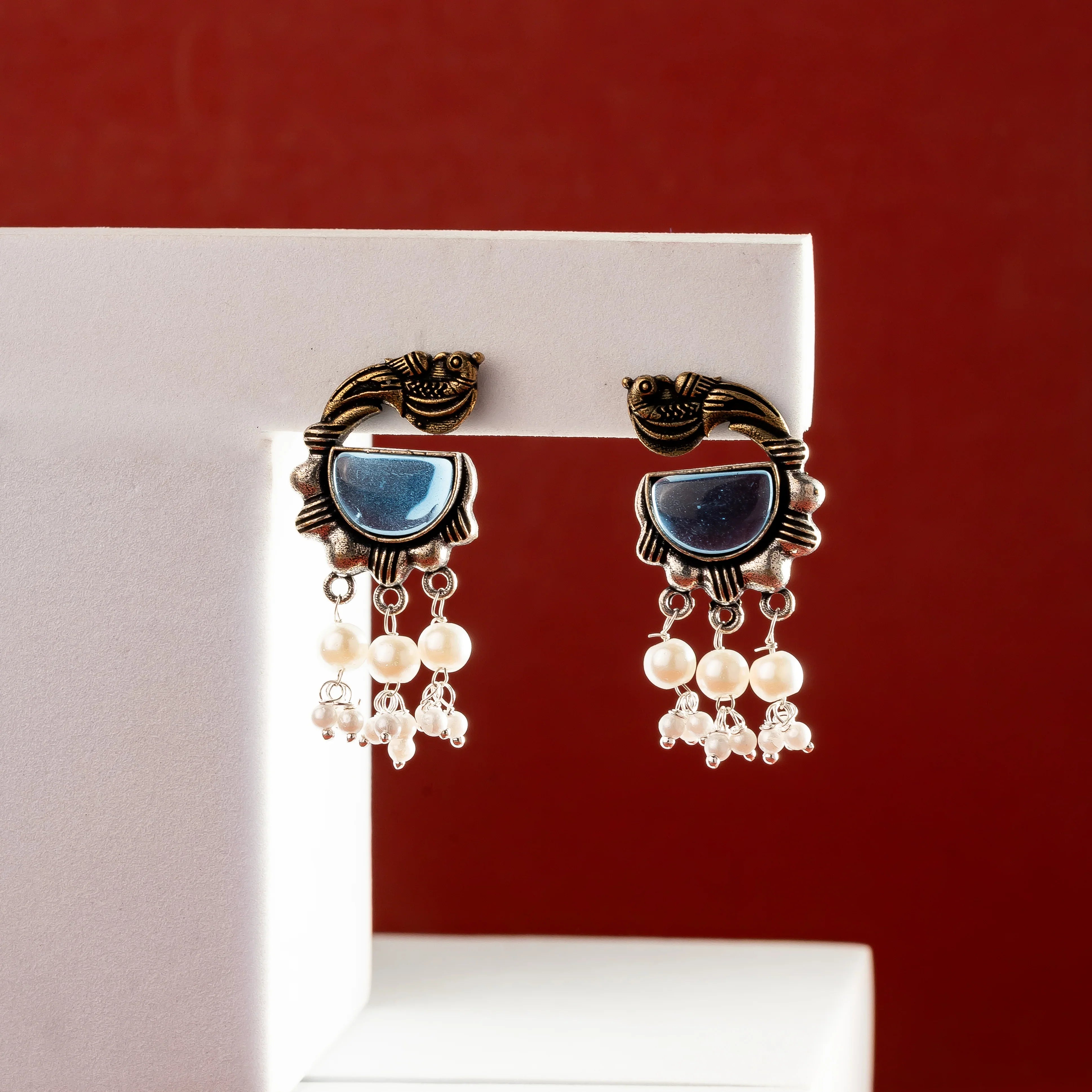 Oxidised peacock pearl layered Earrings