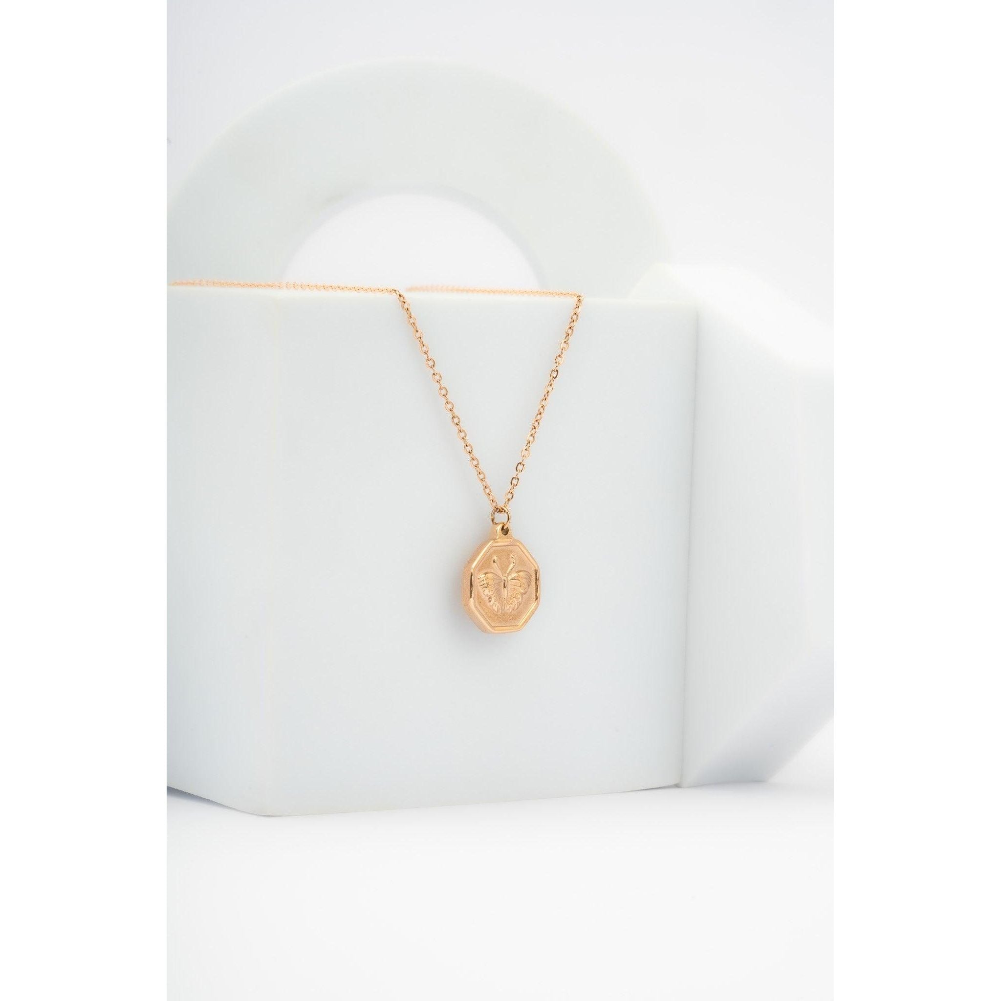 Butterfly, hexagon coin neck chain