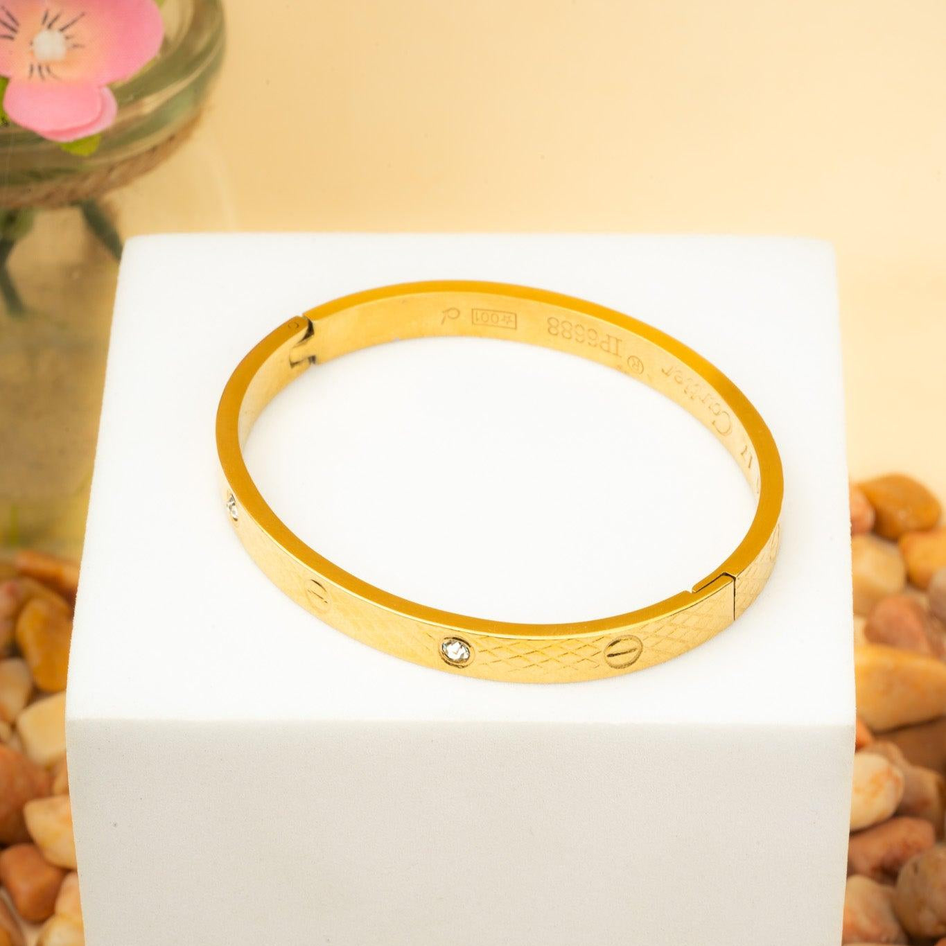 SALVE Classic Stainless Steel Gold Toned Love Band Bracelet | Anti-Tarnish, Cubic Zirconia Studded Bangle