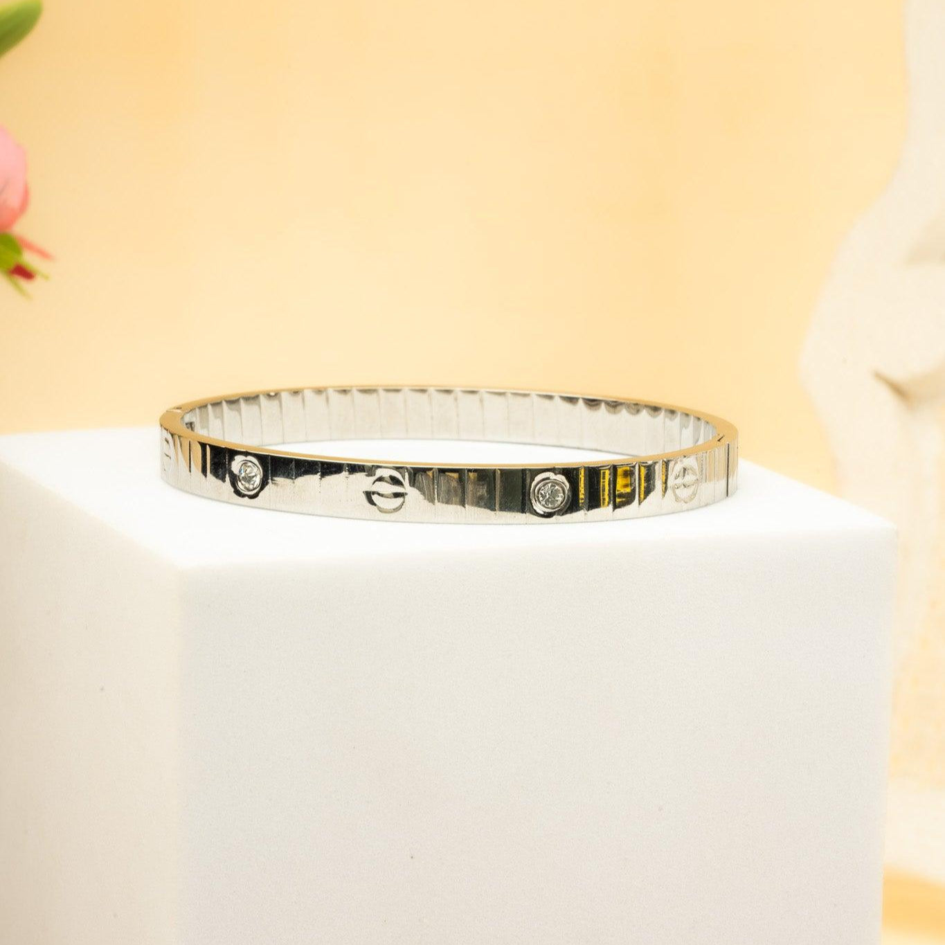 SALVE Classic Stainless Steel silver Toned Love Band Bracelet | Anti-Tarnish, Cubic Zirconia Studded Bangle Kada