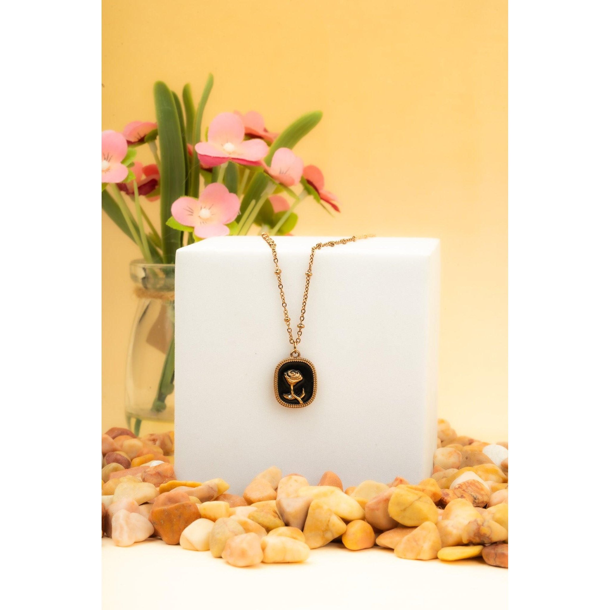 Glamlife rose pendant on black base neck chain