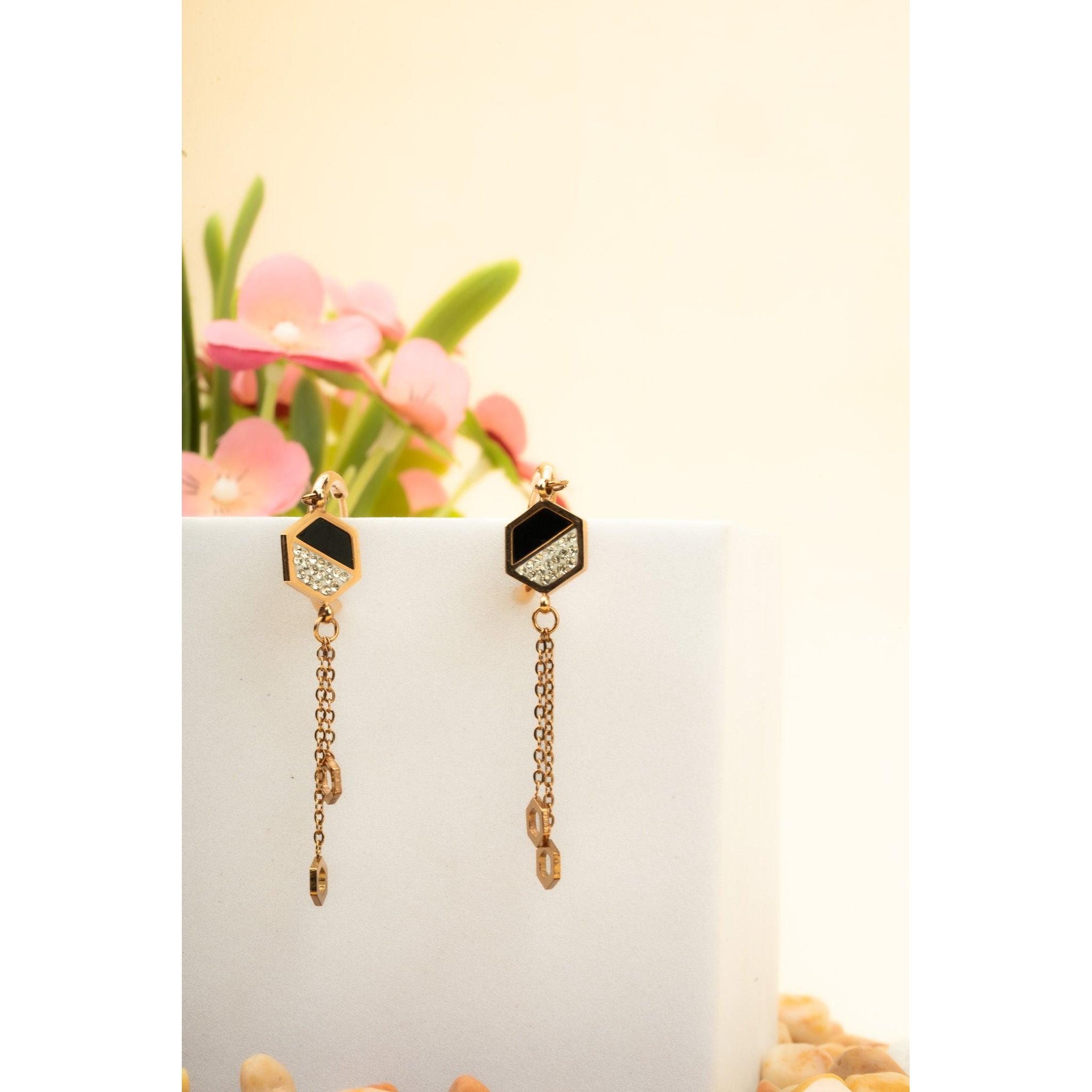 Hexagon Gold-Tone Stainless steel Front-Back Drop Earrings