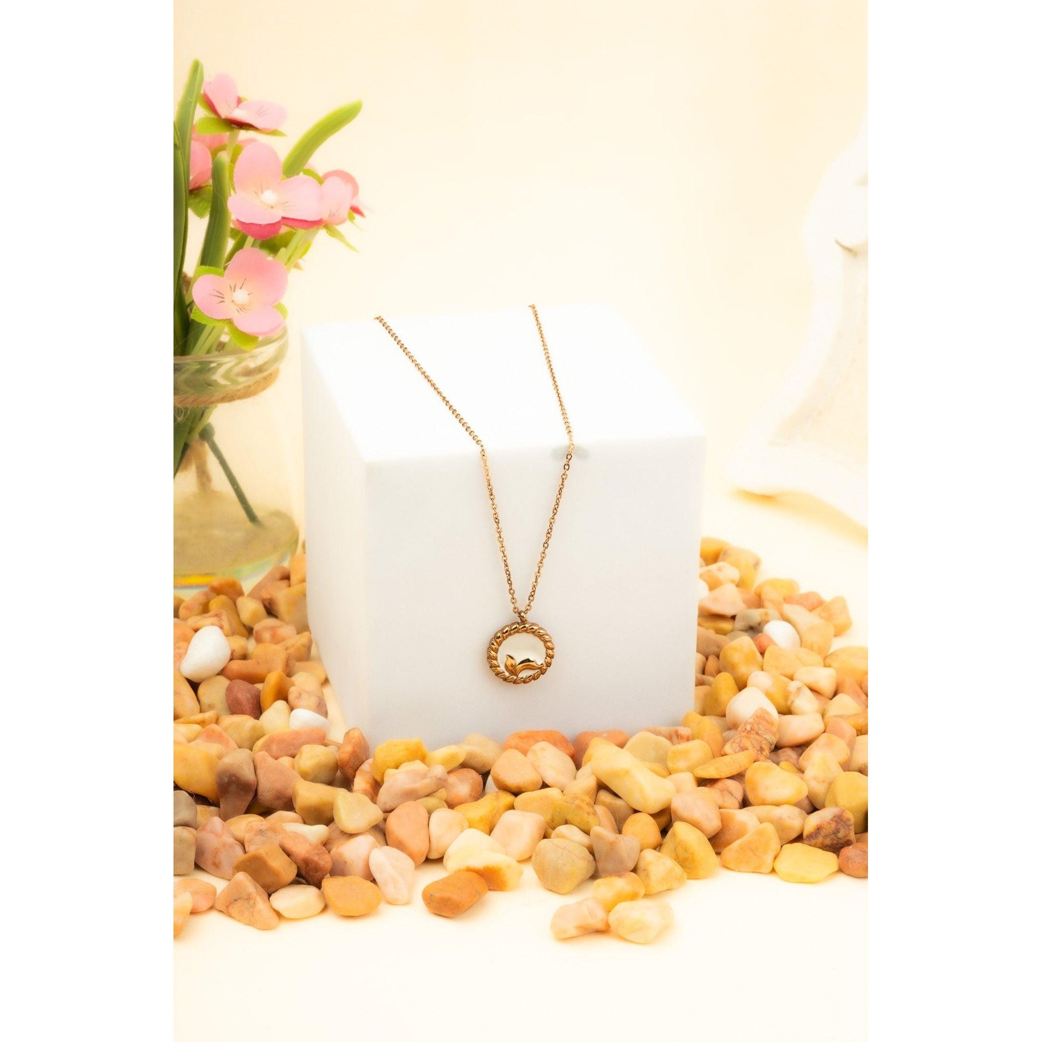 White mermaid chain with golden tone circle and stainless steel