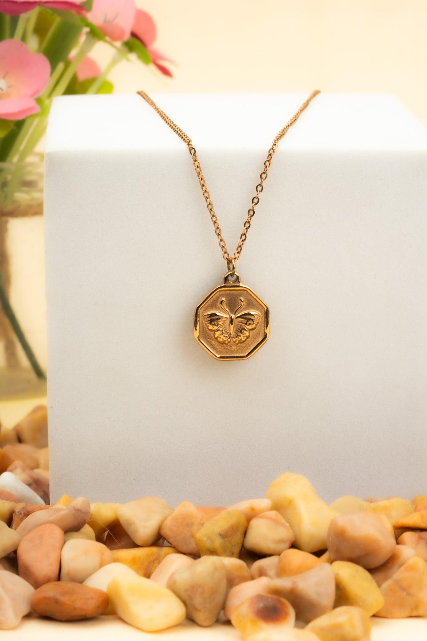 Butterfly, hexagon coin neck chain