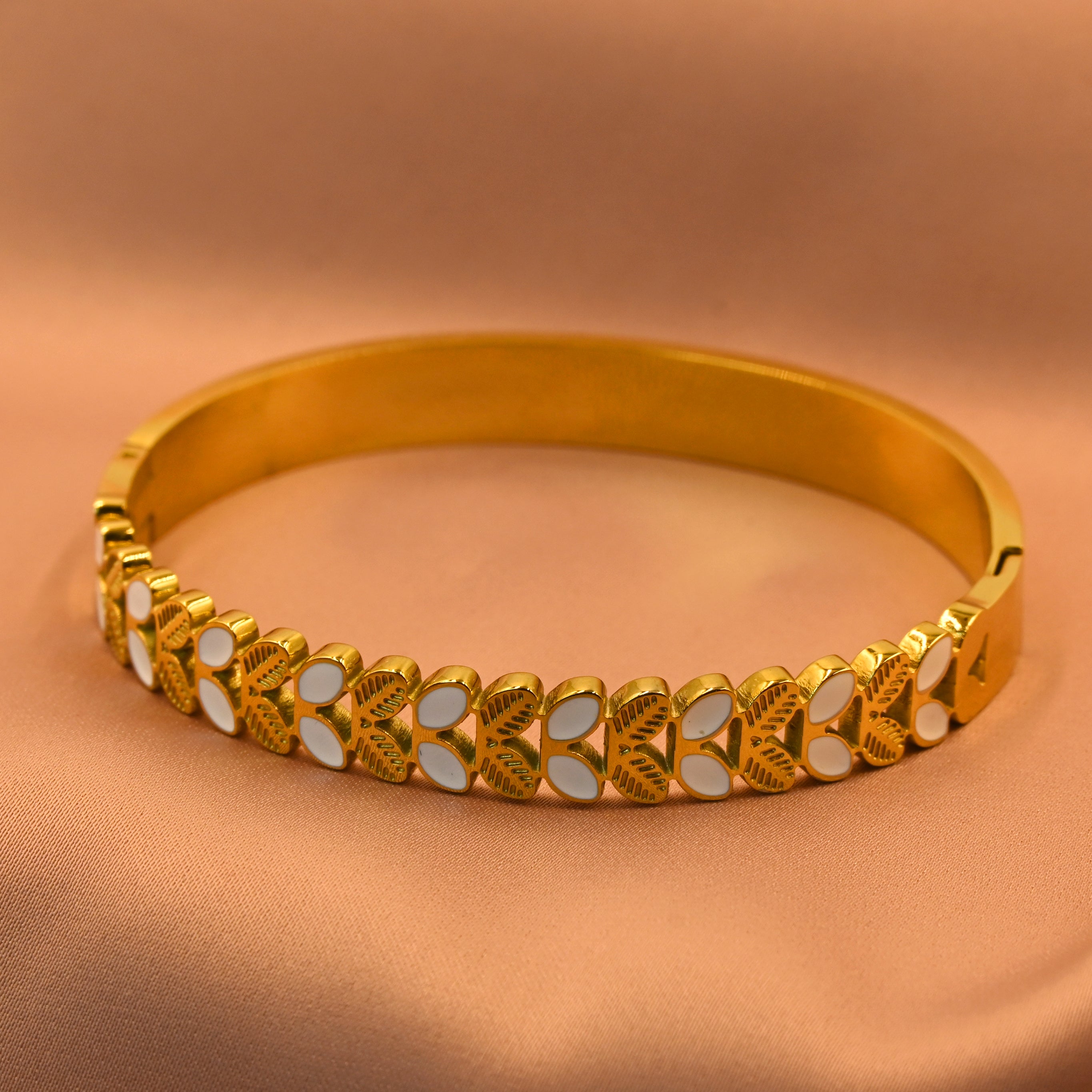 Kanak Pushp Bracelet | Floral Leaf Motif Gold Kada with White Detailing