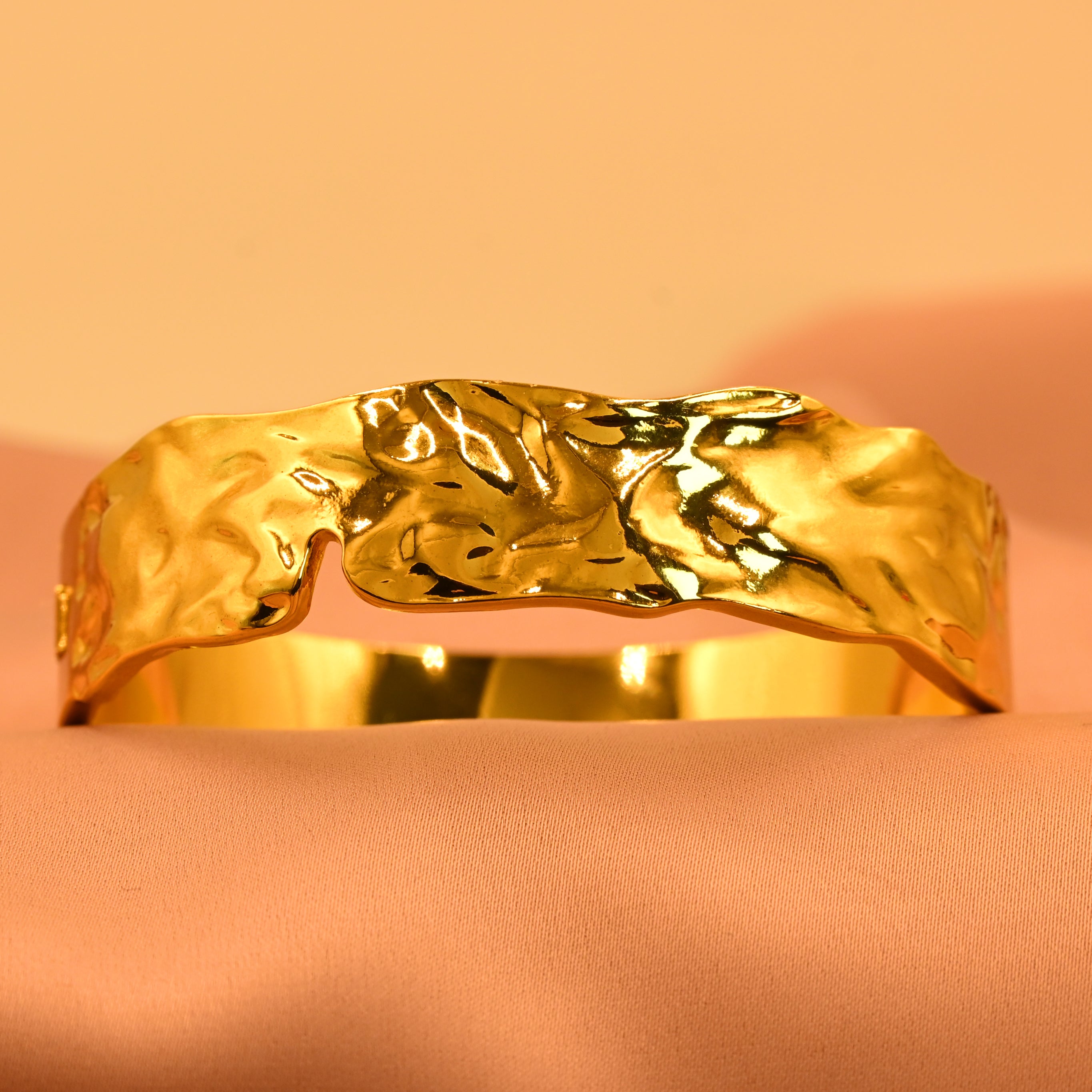 Golden Wave Bracelet | Artistic Textured Molten Finish Gold Kada for Women