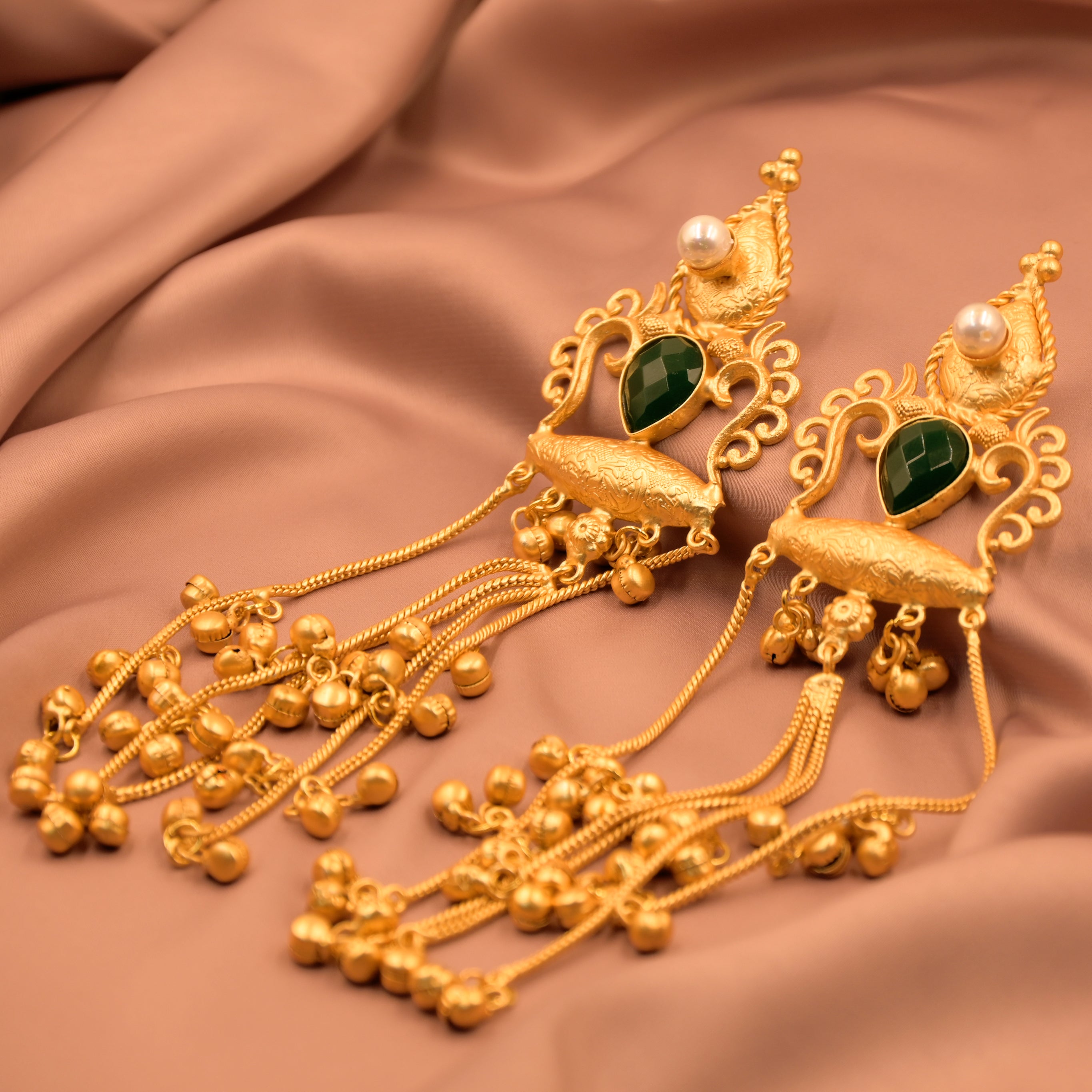 Kashmiri Green Jhumke | Traditional Tassel Drop Earring
